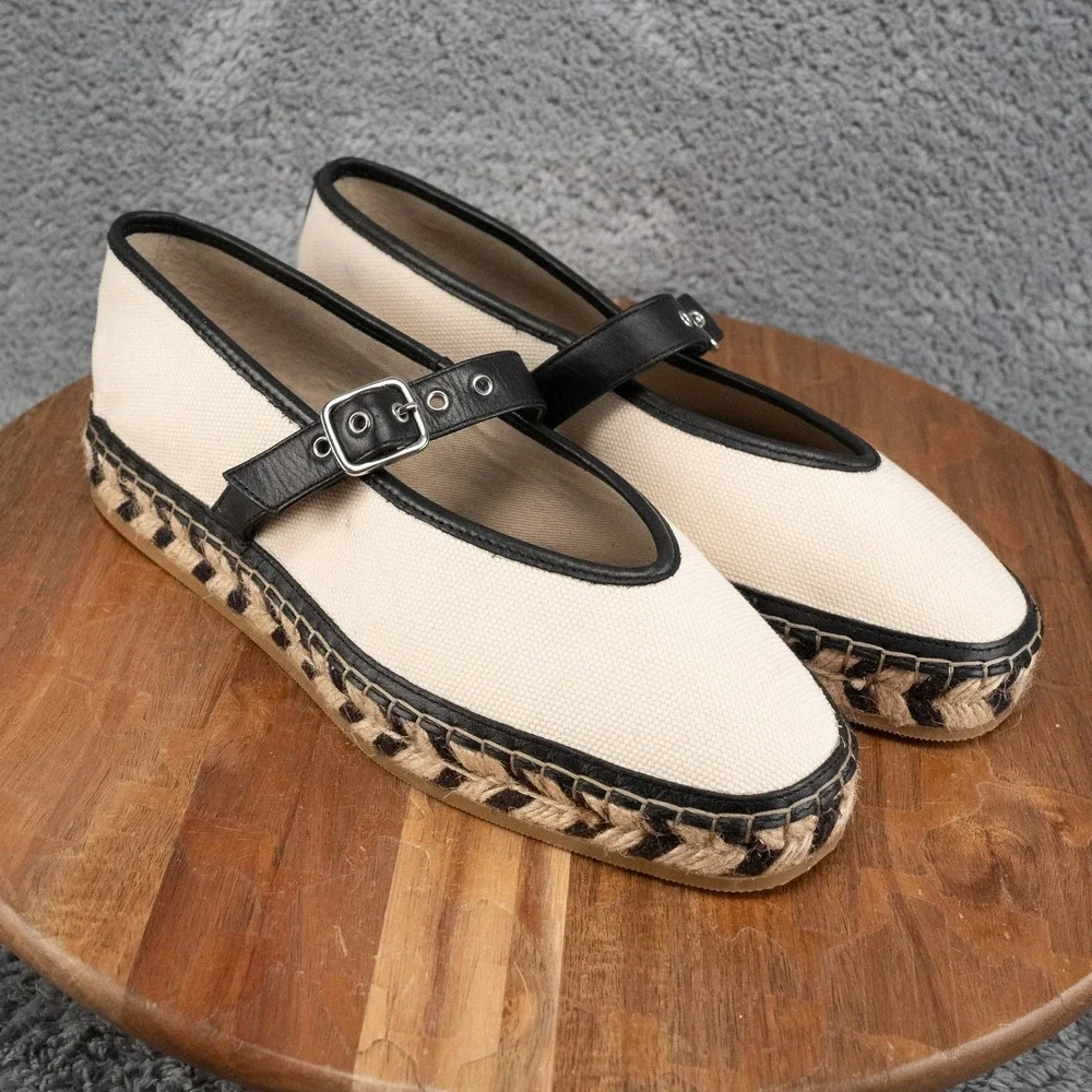 Madewell Remy Canvas Mary Jane Jute Espadrille Flats Cream Black Size 9.5